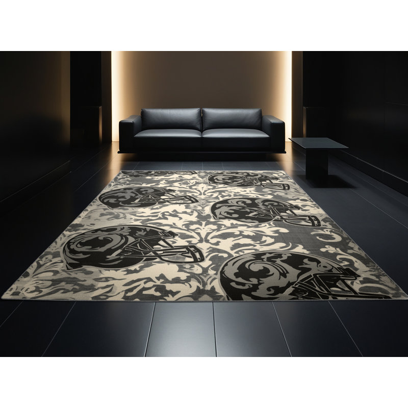 Machine Washable Takengon American Football Helmet Classic Damask Rug in Gray – Gray Binding, 2x3