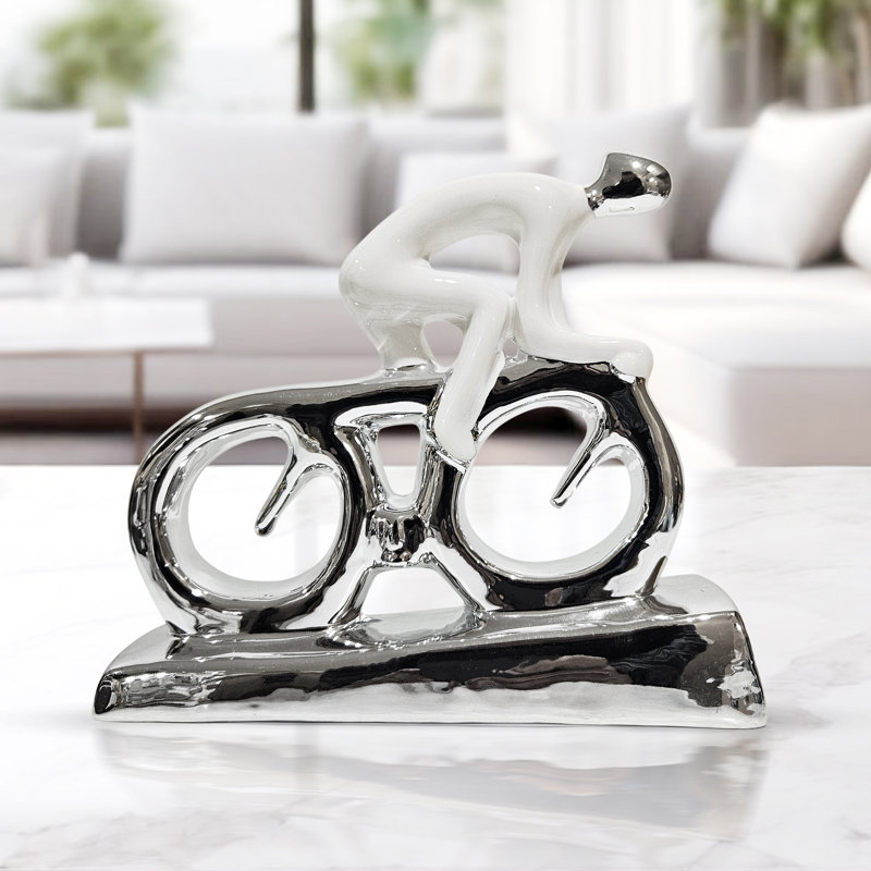 Lashanette Silver Cyclist Ceramic Statue, White Abstract Decor