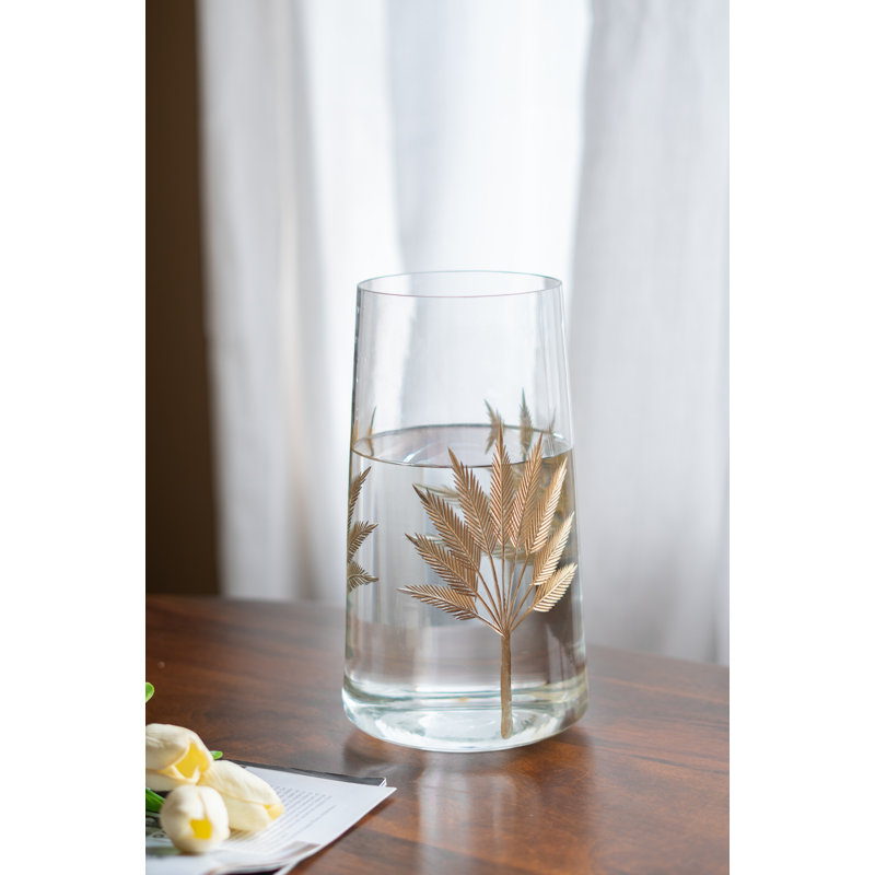 Vase cylindrique d'appoint en verre avec motifs feuille d'or - transparent / or, H 9,8 po x l 5,3 po x P 5,3 po
