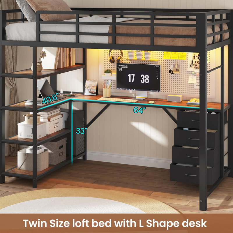 Lit mezzanine simple avec bureau en forme de L et 4 tiroirs, structure de lit mezzanine en métal avec prise de courant et éclairage à DEL, aucun sommier nécessaire, noir