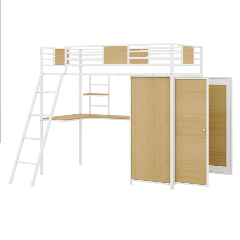 Un lit mezzanine simple avec un bureau en forme de L et une armoire intégrée, Blanc