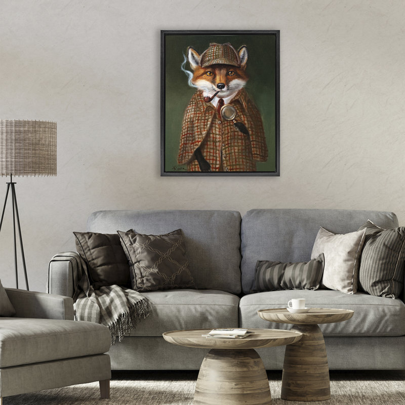 Détectif renard avec cadre flottant, design par Lucia Heffernan, Cadre flottant noir de jais, H 21 po x l 17 po