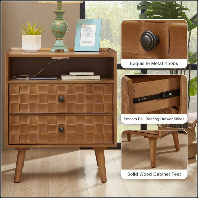 Table de chevet avec poste de recharge, 2 tiroirs, tablette de rangement ouverte, façades de tiroirs géométriques, pieds en bois massif
