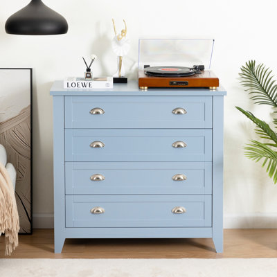 Commode à tiroirs, armoire buffet, buffet, comptoir de service, structure en bois massif, panneau de porte en plastique, poignée en coquille rétro, applicable à la salle à manger, au salon, au couloir de la cuisine, au bleu grisâtre