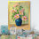 Fleurs roses dans un vase bleu - Peinture sur toile encadrée