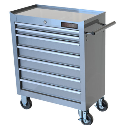 Silver 7 Tool Trolley With . 15Kg Bearing Slide. Lockable Compartment. Steel Construction. 4" Wheels, 2 Brake 7 Drawers Trolley, Finish. Slide For Garage Tools Management. Box.