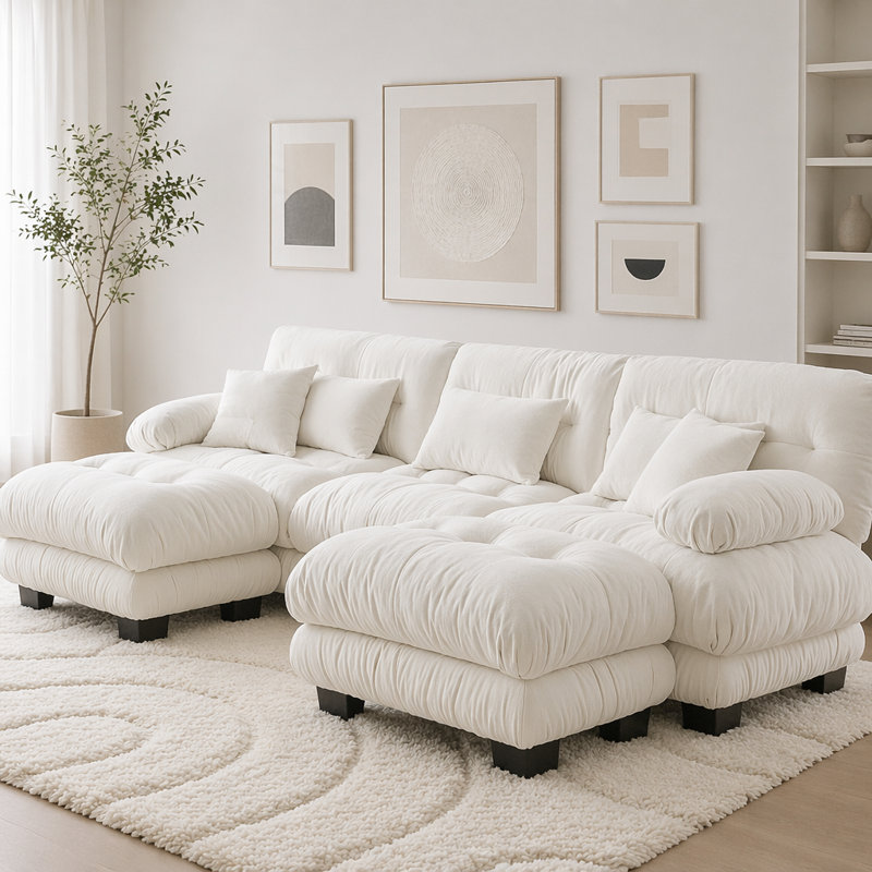 Canapé Cloud, canapé en chenille, Blanc + 3 sièges + 2 chaises