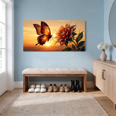 Butterfly And Flower Sunset Canvas Wrapped Wall Art Oil Painting Print Set Of 1