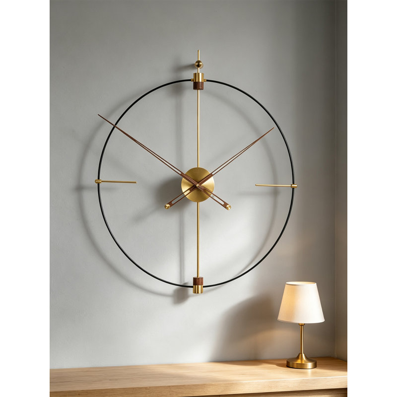 Horloge murale squelette à grande aiguille en bois massif et laiton, de style luxueux et lumineux, idéale pour le salon et la salle à manger.