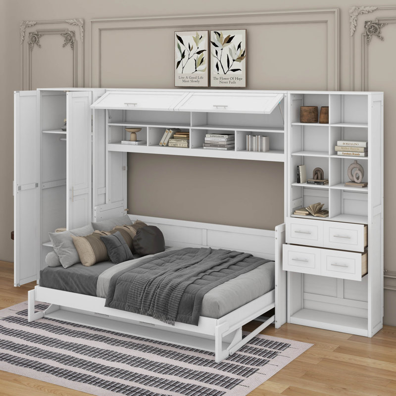 Lit escamotable double avec placard, tiroirs et tablettes