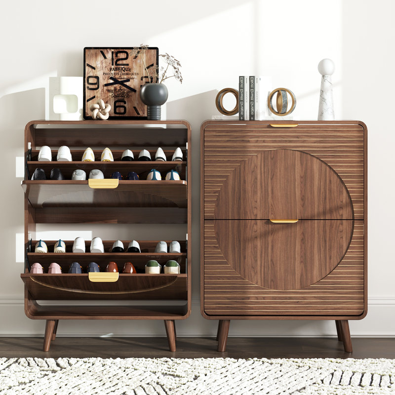 Wood Double-layer Drawer Shoe Cabinet, Enclosed Shoe Storage Unit with Fluted Drawers, 4 Legs and Anti-tipping Device, Suitable for Entryway, Hallway, Living Room