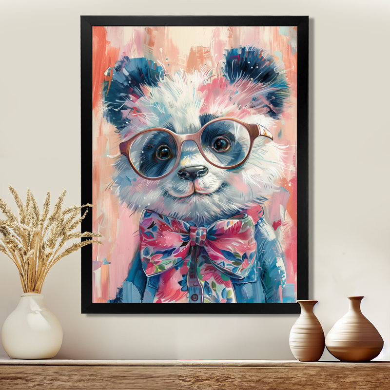 Curieux rose panda noir Portrait I - décoration murale animal panda, H 12 po x l 20 po, Cadre noir