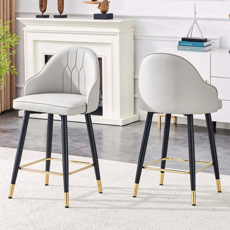 Light Gray PU Leather Bar Stools with Gold Accent Footrest, Set of 2, Light Gray