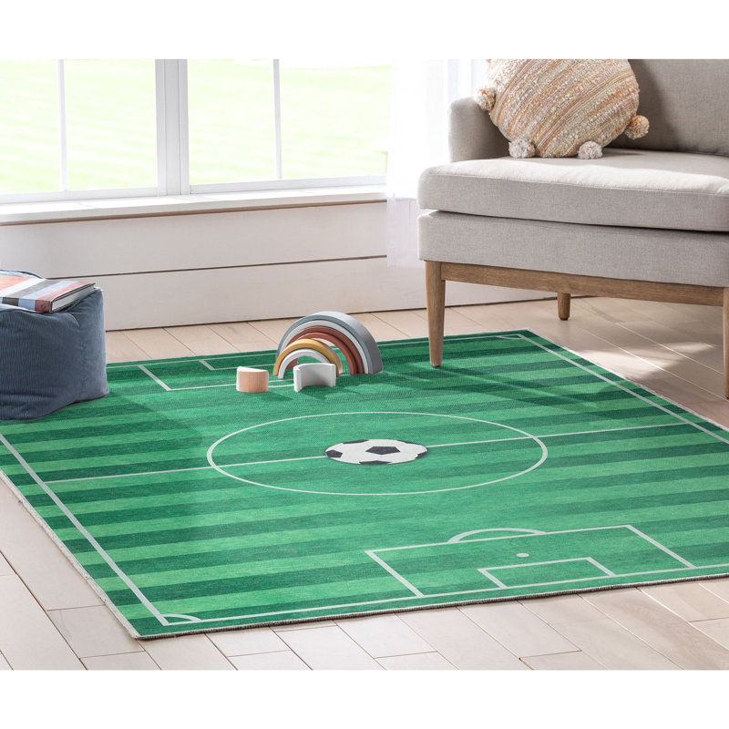 Asusena Kids Rugs Soccer Field Modern Green Area Rug, Rectangle 3'3" x 5'