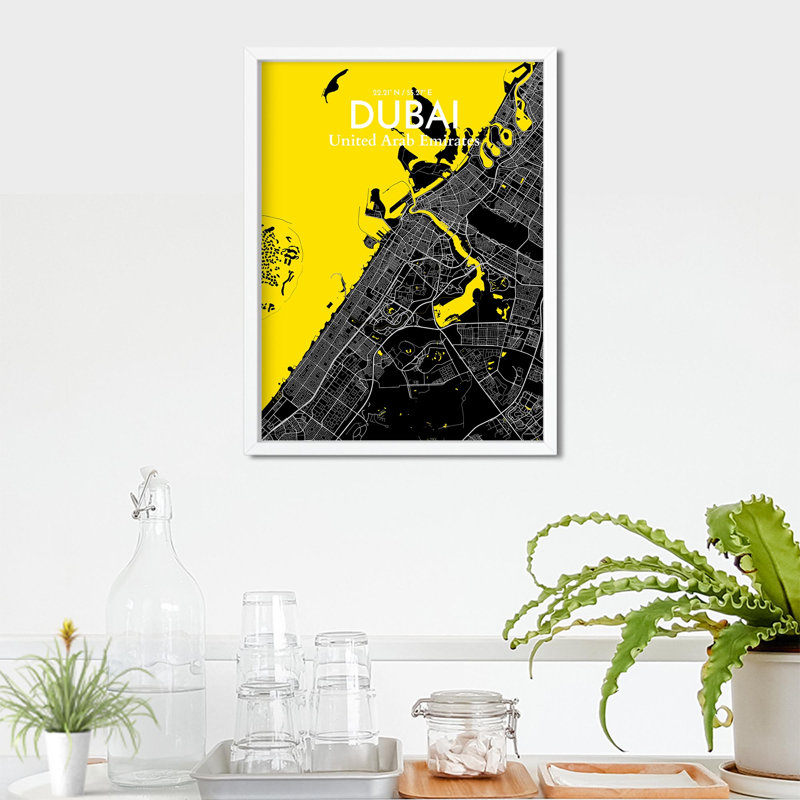 Carte de la ville de Dubaï, impression de luxe, H 24 po x l 18 po, Noir / Jaune