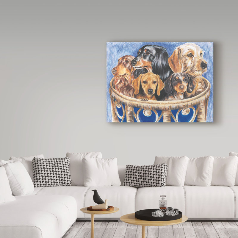 Adelphi «Dachshund in A Basket», reproduction de peinture à l'huile sur toile tendue, H 14 po x l 19 po