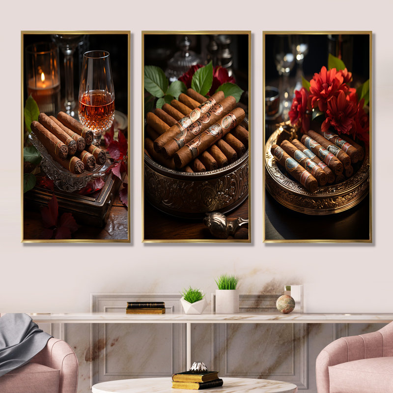 Cuba cigare expression - ensemble de salon art mural paysage cubain de 4, Cadre flottant doré, H 32 po x l 48 po