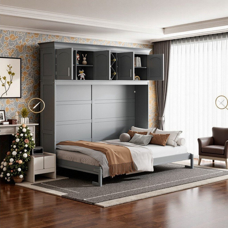 Grand lit escamotable mural avec armoires de rangement et support à vin, contreplaqué et panneau de fibres à densité moyenne, 88 po x 66,8 po x 90,5 po