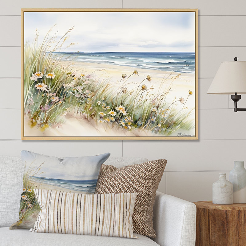 Fleurs sauvages sur la plage - Art mural fleurs sauvages, Cadre naturel flottant, 30" H x 40" W