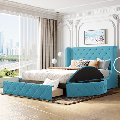 Queen Upholstered Velvet Platform Bed with Wingback Headboard, Storage Drawer & Side Stools, Blue