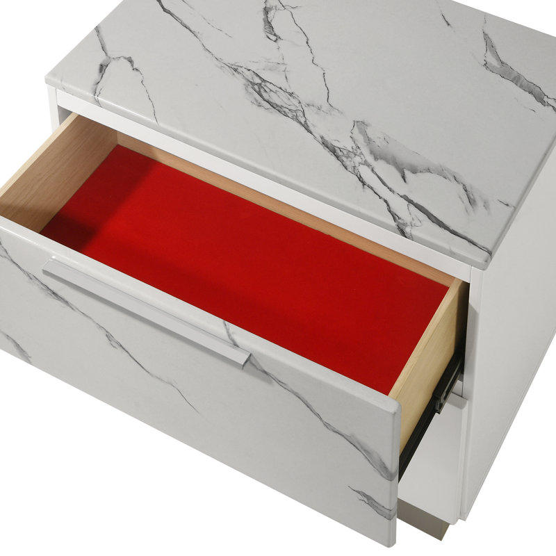 Table de chevet Mist - Finition bicolore très brillante en marbre et en laque avec deux tiroirs, intérieur doublé de velours et design compact et élégant