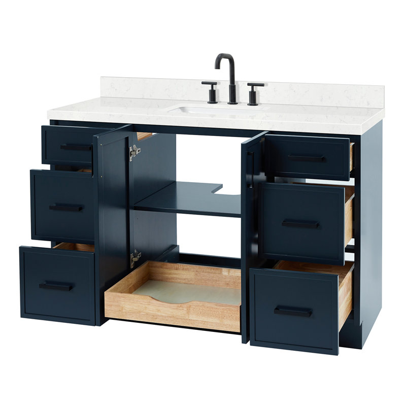 ARIEL Kelly 54 Single Sink Bathroom Vanity with Carrara Quartz Top, Midnight Blue