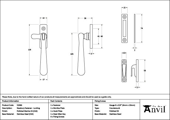 Newbury SS (316) Locking Fastener, Polished Marine SS (316)