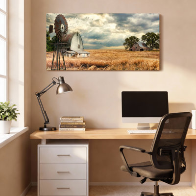 Paysage rustique de ferme avec moulin à vent et grange, reproduction d'art sur toile tendue sur toile, ensemble de 1