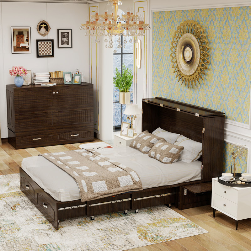 Grand lit escamotable avec 2 tiroirs, Marron foncé