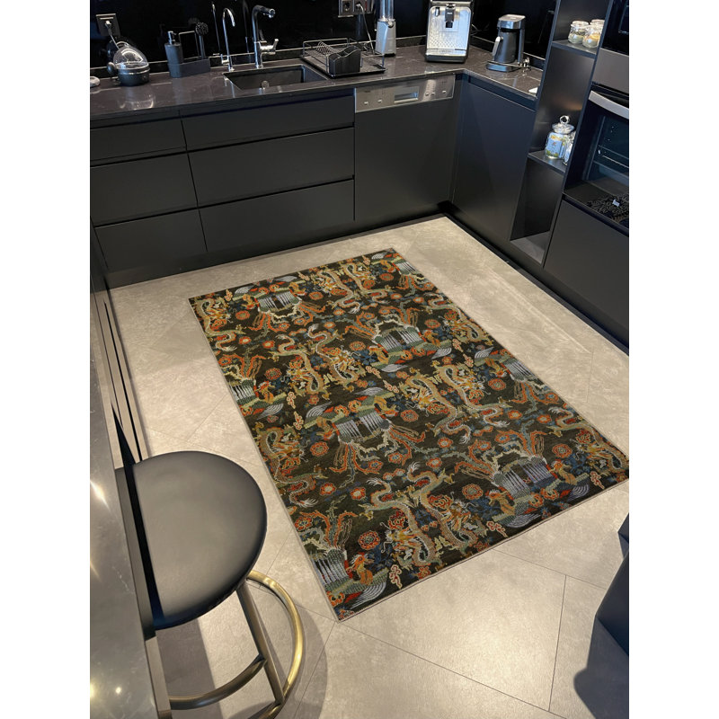 Tapis décoratif multicolore à motif abstrait de palais et de dragon, Rectangle 4 pi 11 po x 7 pi 7 po