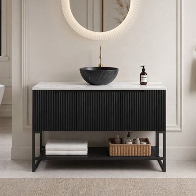 Meuble-lavabo autoportant moderne 48 po avec lavabo en céramique aspect marbre noir, plateau en pierre frittée, fermeture en douceur, tablette ouverte (robinet non inclus)