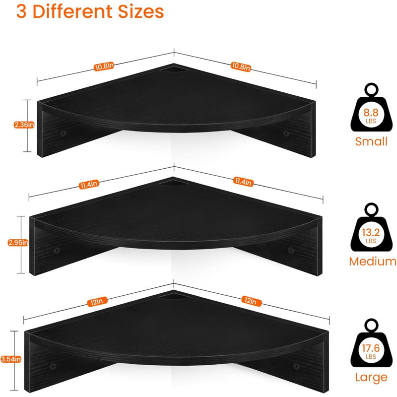 Corner Floating Shelves, Set Of 3 Corner Shelves Wall Mounted With Cable Hole, 3 Tier Wooden Hanging Corner Storage Shelf For Bedroom, Living Room, Kitchen