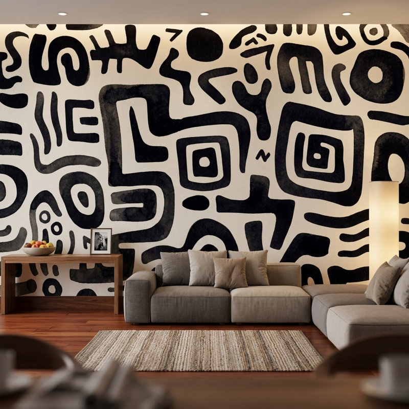 Papier peint décoratif à l'encre noir et blanc, 100"x96", Texturé non collé