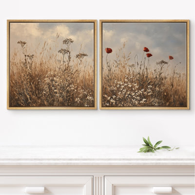 «Sunlit Meadow Wild Grass and Red Poppy Flowers», reproduction d'art encadrée de la chambre principale, 2 pièces