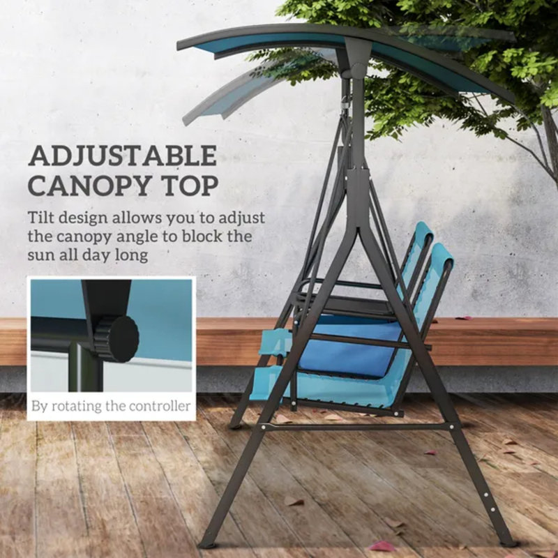 Blue 2-Person Porch Swing with Adjustable Canopy, Storage Table & Cup Holders