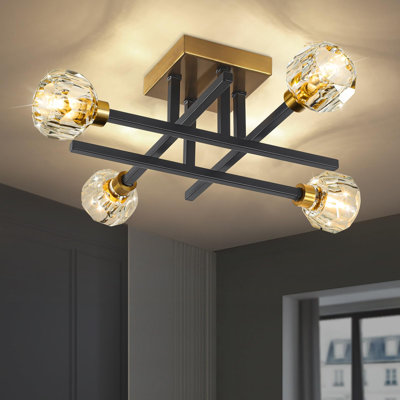 Plafonnier semi-encastré moderne Sputnik à 4 lumières en cristal, 46,3 cm (18,21 po), intensité variable, style industriel noir et or, idéal pour chambre, cuisine, entrée, salon ou couloir.