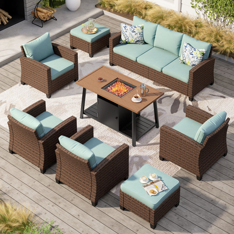 9 - Person Outdoor Wicker Patio Conversation Furniture Set With Fire Pit Table, Blue