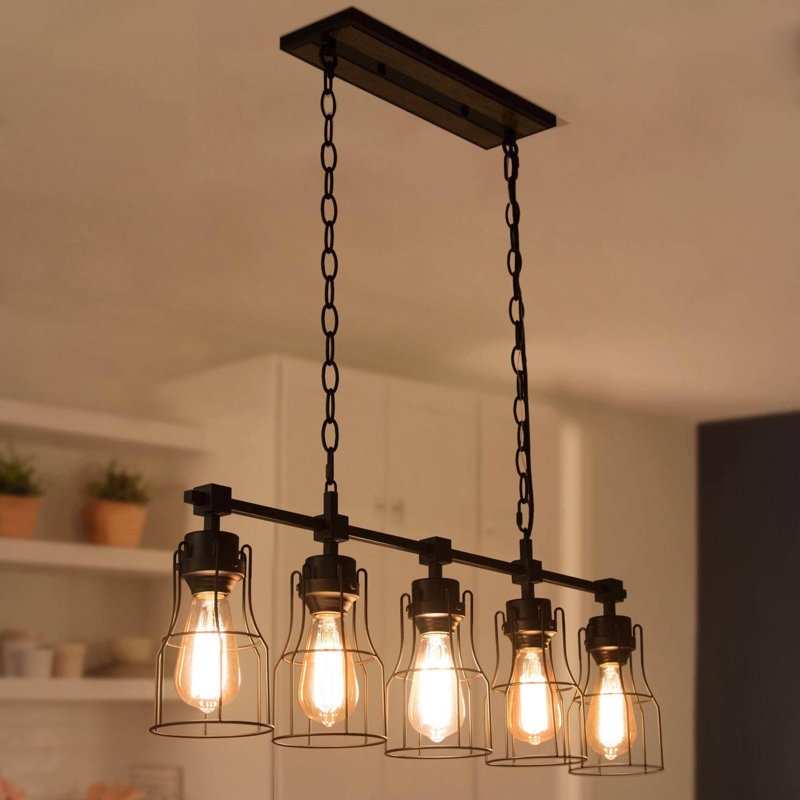 Herdon 5 - Light 32'' W Black Industrial Kitchen Island Linear Pendant ETL Certified