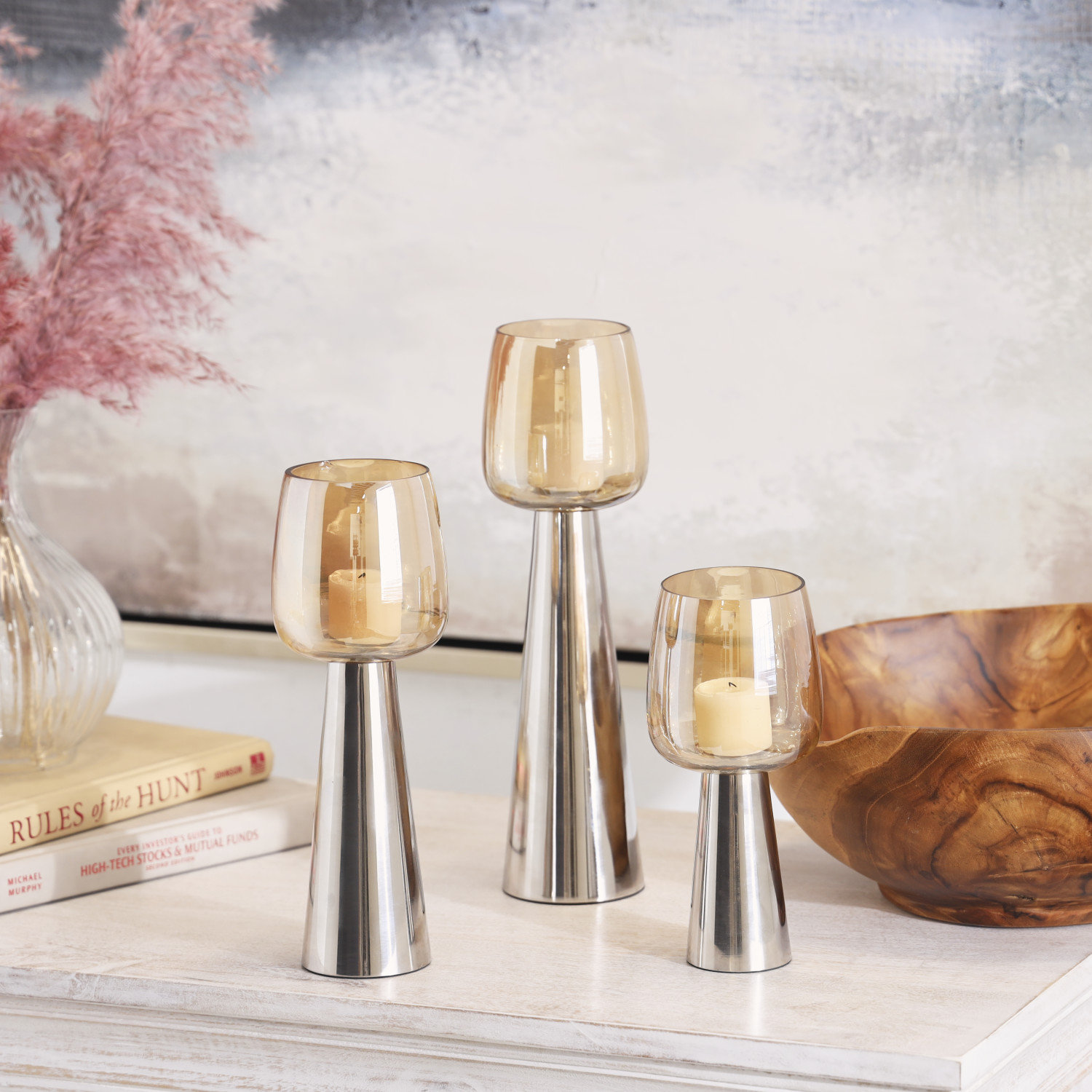 Merriweather 3-Piece Candle Holder Set, Polished Silver