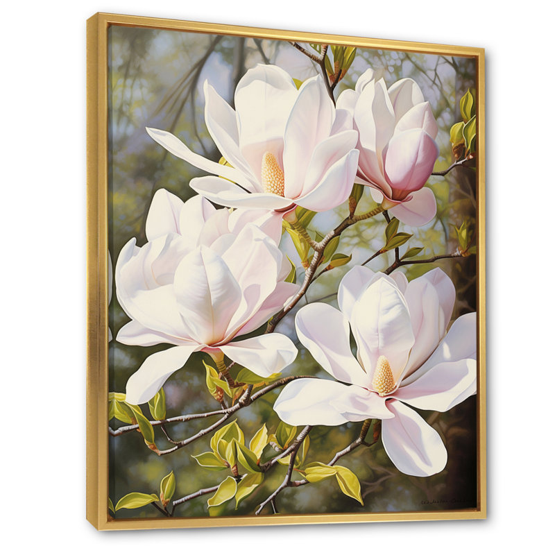 Blanc et rose magnolia tranquillité - impression, H 40 po x l 30 po x P 1,5 po, Cadre flottant doré