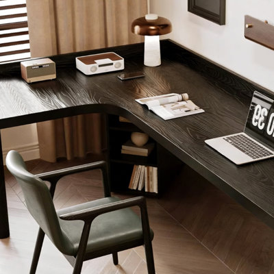 Bureau noir en bois massif en forme de L