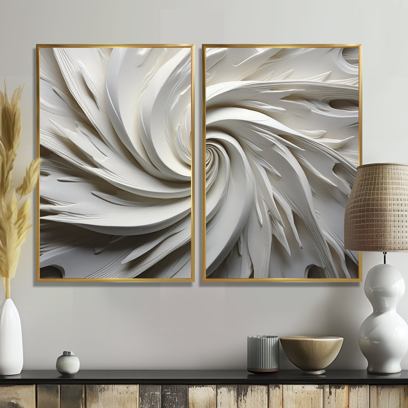 White Majestic Motion I - Décoration murale moderne blanche 2 panneaux, H 36 po x l 48 po, Impression encadrée flottante