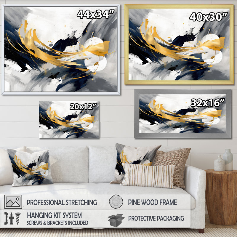 «Gray and Gold Transcendent Impressions II», reproduction sur toile encadrée, H 12 po x l 20 po x P 1 po, Cadre flottant doré