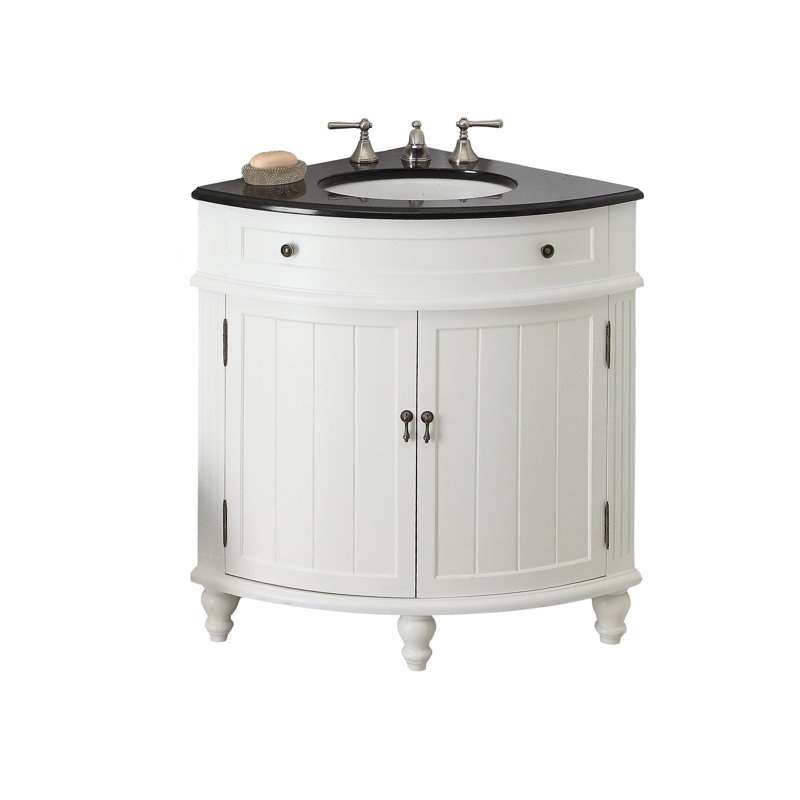 Benton Collection 24 Inch Cottage Freestanding White Triadsville Corner Bathroom Vanity, Single Sink, Black Granite Top, Fully Assembled