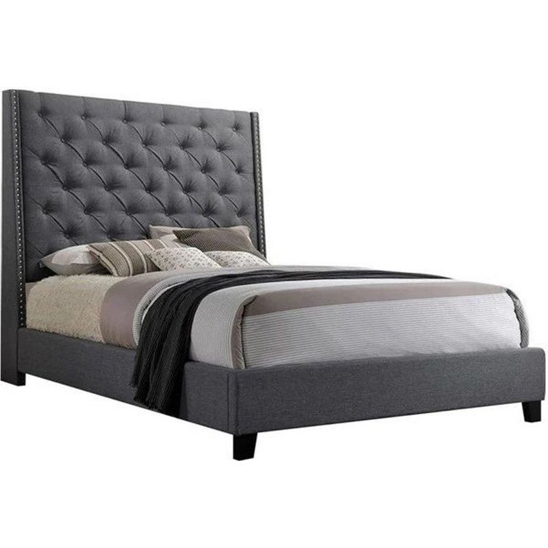 Maze Bed, Button Tufted, Nailhead Trim, Fabric Upholstery, King, Gray