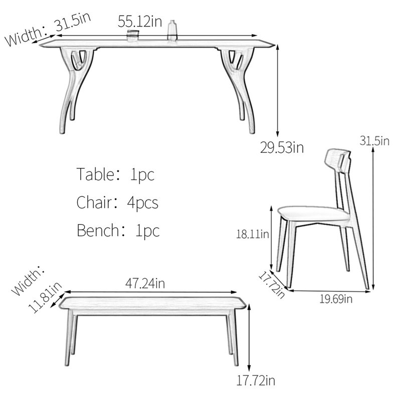 Creative solid wood rectangular dining table set, 6