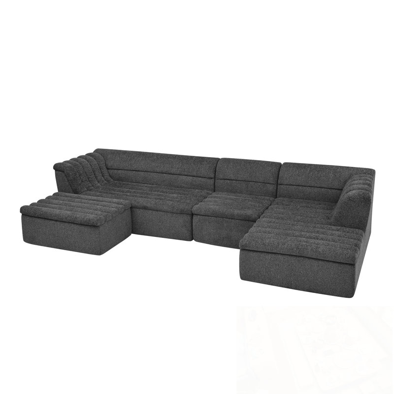 U-Shaped Modular Sectional Sofa with Wave-Shaped Armrest and Movable Ottoman, Black