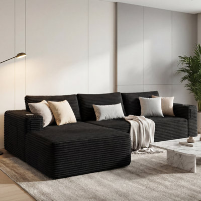 108" Modern L-Shaped Compression Sectional Sofa With Chaise Deep Seat Corduroy Upholstered Couch