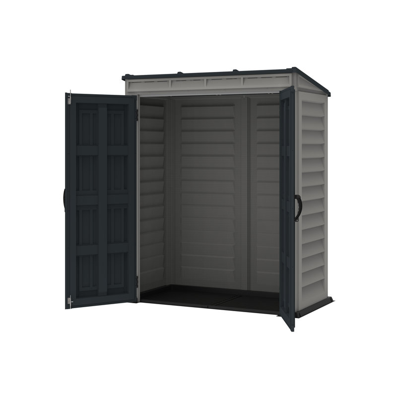 Gray Vinyl Lean-To Storage Shed with Shelving and Windows