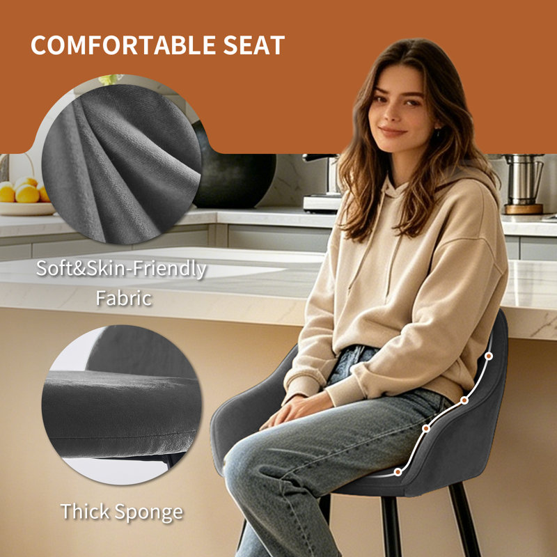 Velvet Upholstered Bar Stools with Armrests and Cut‑Out Backrest, Grey